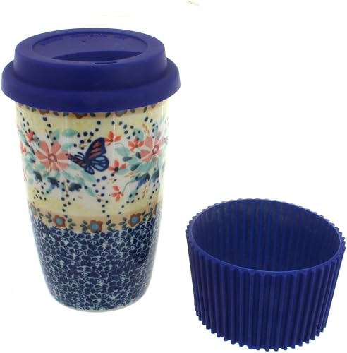 Blue Rose Polish Pottery - Yellow Blue Butterfly Travel Coffee Mug - 12 oz - Mug for On-The-Go, Fits Most Car Cup Holders