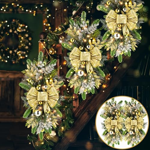 Lyrow 4 Pack Christmas Artificial Swags 24 Xmas The Cordless Prelit Stairway Swag Teardrop Trim Wreath Door Stair Garland Christmas Decoration for Outdoor Home Garden Decor(Gold,Rustic Style) by Lyrow - Used condition - US$35.39
