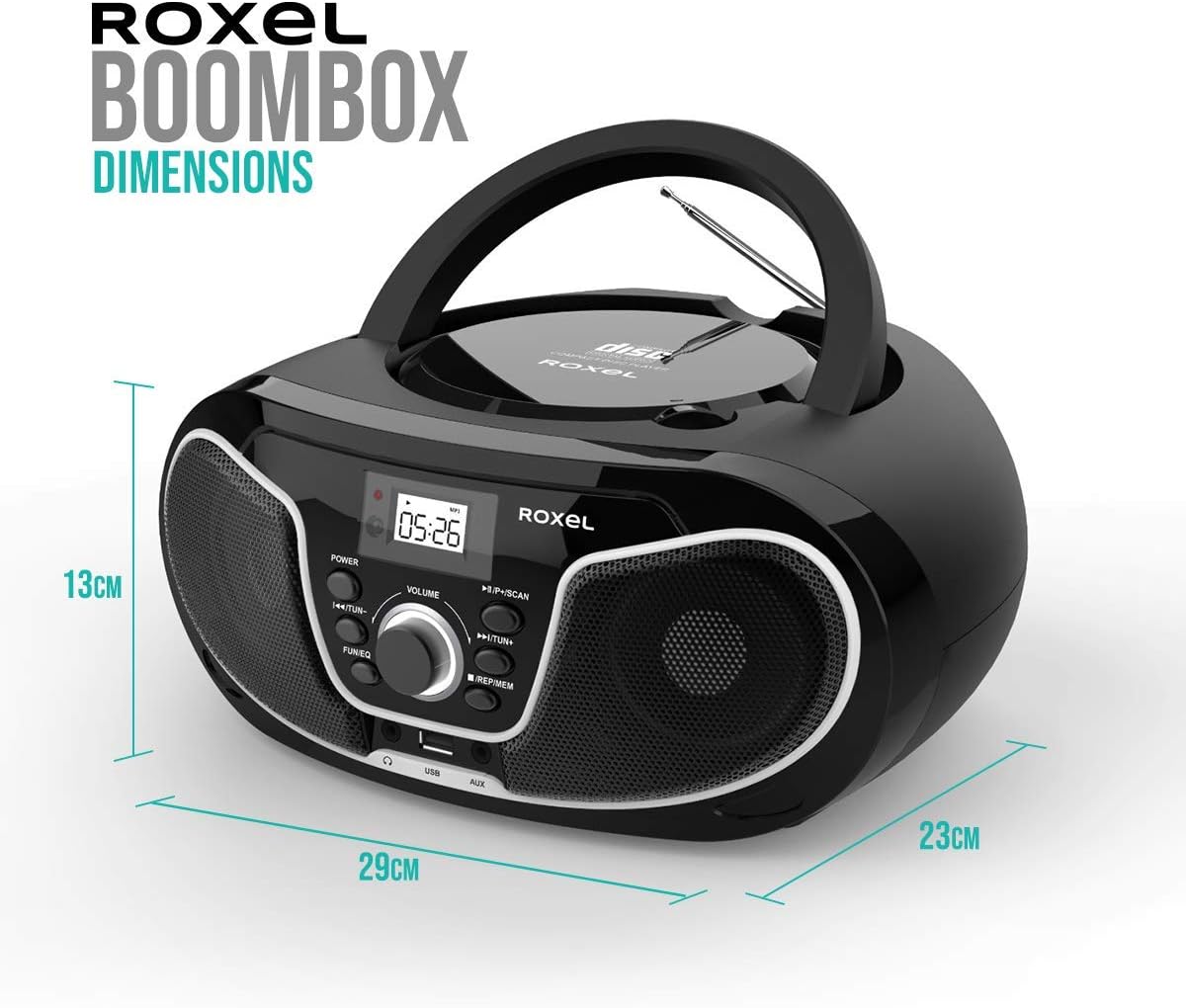 Roxel RCD-S70BT Boombox dimensions: 13cm height, 29cm width, 23cm depth