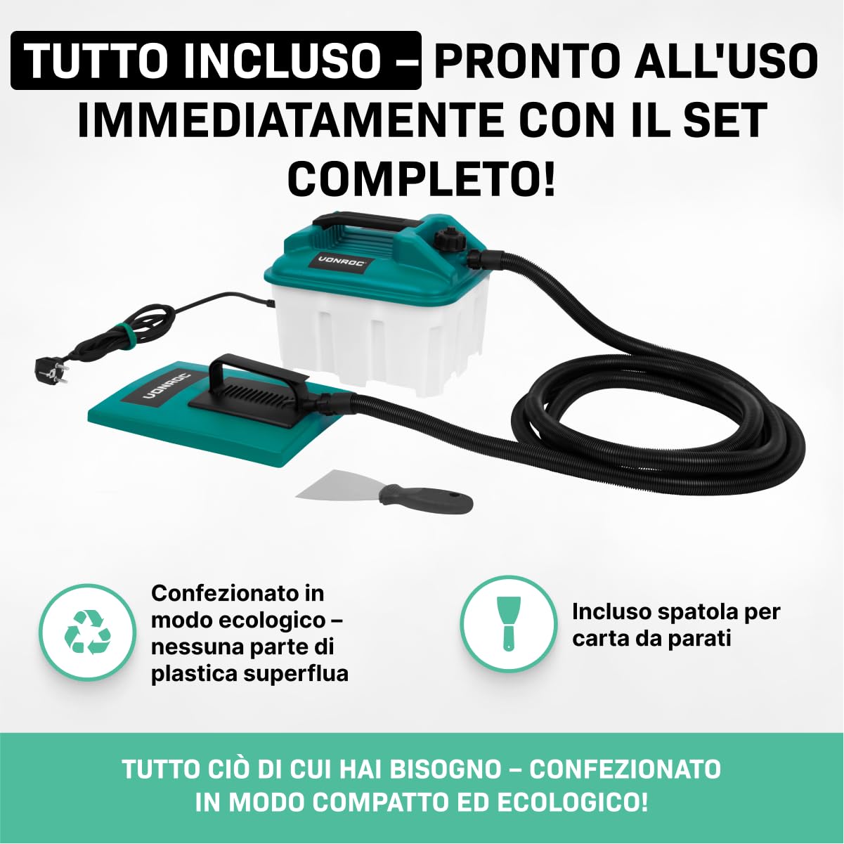 VONROC Vaporizzatore per Carta da Parati 2300W – Serbatoio 4,5L per 70 Min di Vapore – Tubo 4 m – Doppia Piastra Grande + Piccola – Rimozione Rapida Senza Chimici – Raschietto Incluso