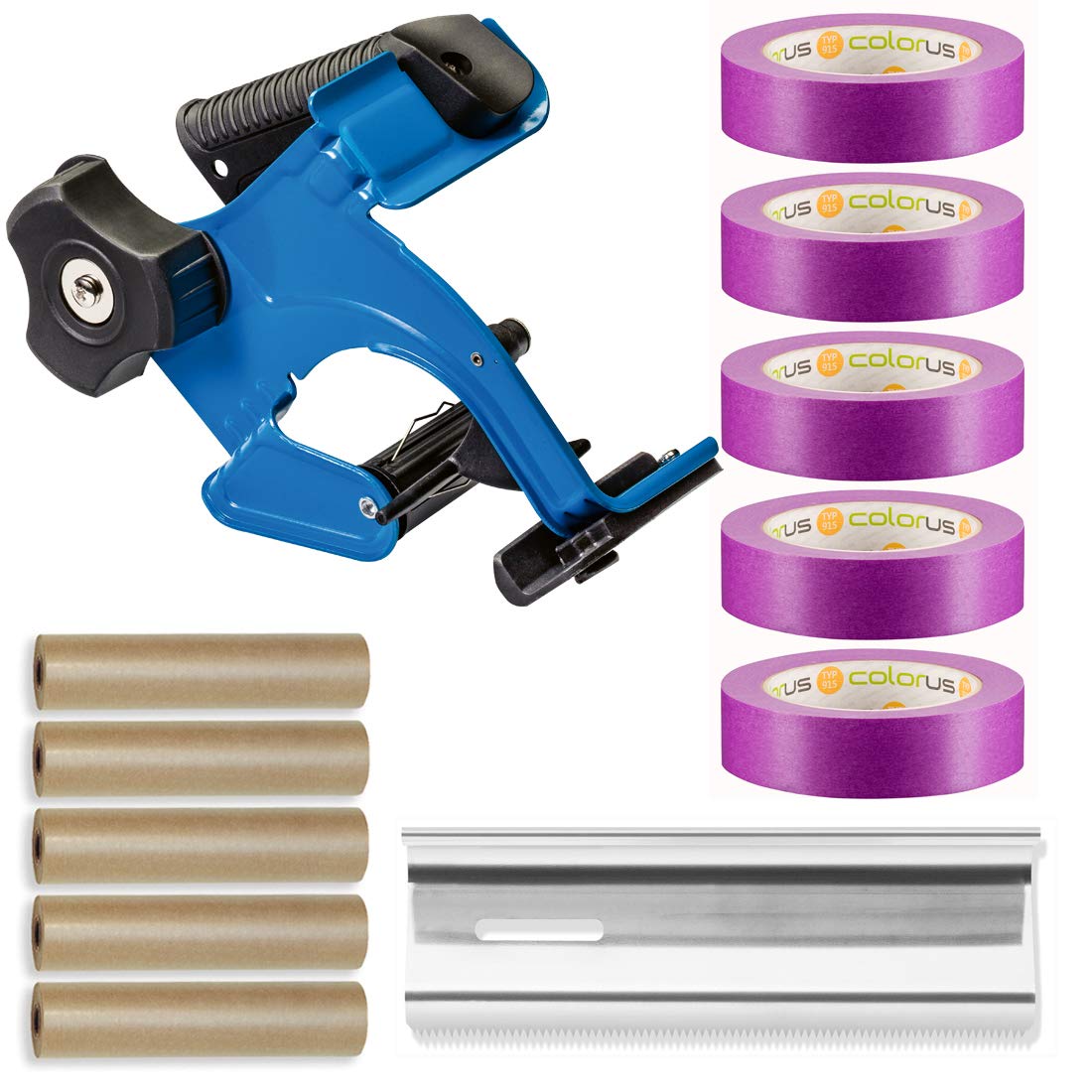 Colorus Handabdeckroller Set Abdeckfolie Masker Tape | Abdeckpapier 15 cm x 50 m | Fineline Extra Sensitive 30 mm x 50 m | Abreißklinge 150 mm | 90 Tage UV beständig | Tapetenband mit Abdeck-Papier