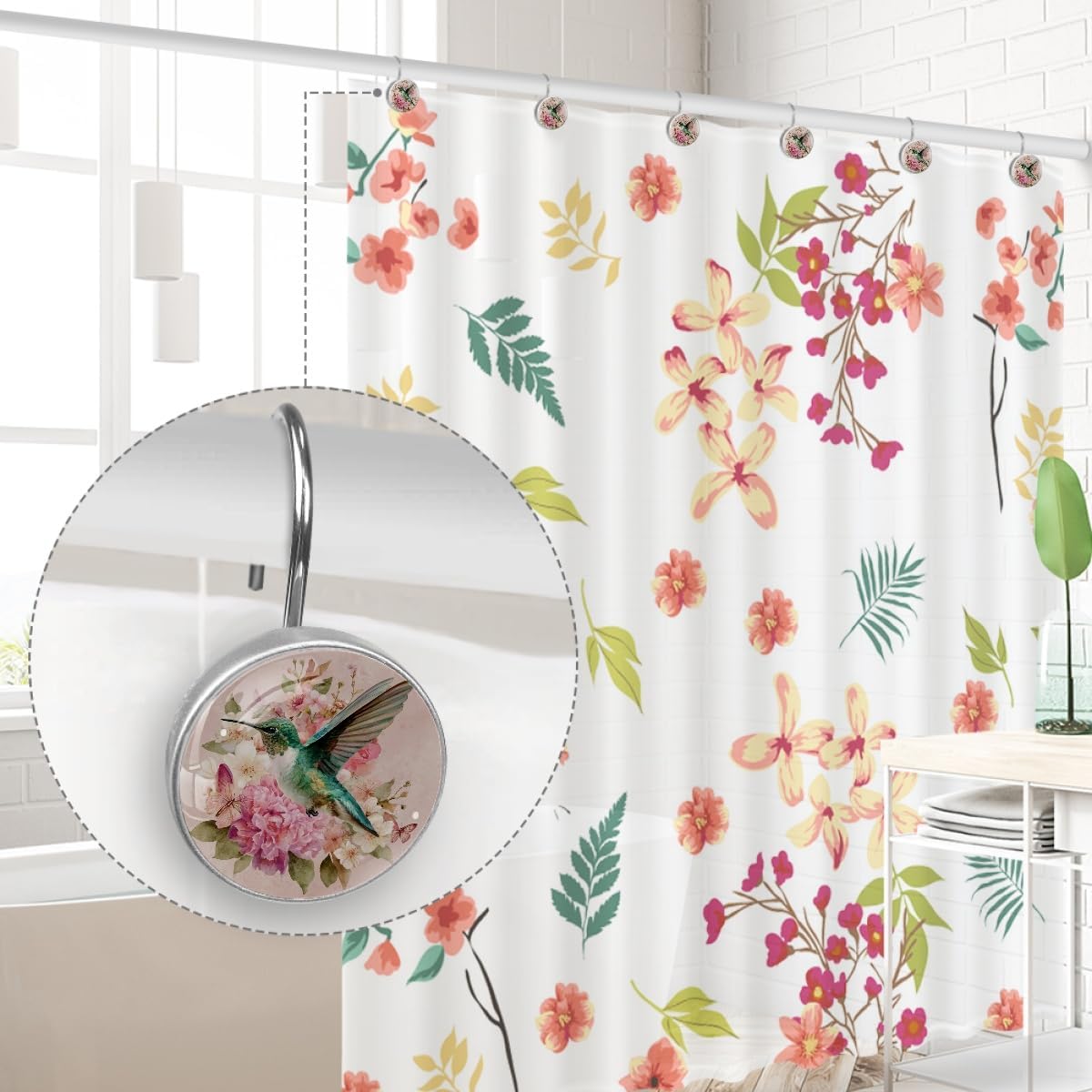 12 Pcs Hummingbird Round Shower Curtain Hooks Stainless Steel Decorative Hanger Rings for Bathroom Kitchen Bedroom Curtain Rods