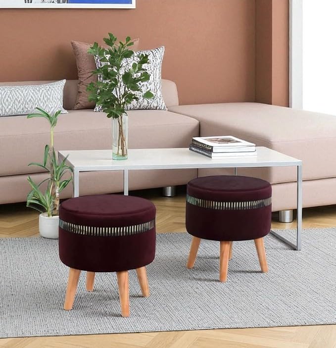 Image of Ottoman Stool for Living Room Foot Rest | Velvet Small Ottoman Foot Stool | Solid Wood Legs | Footstool Puffy for Home, Bedroom & Makeup Table | 16x16x18 Inch, Set of 2 (line Coffee)