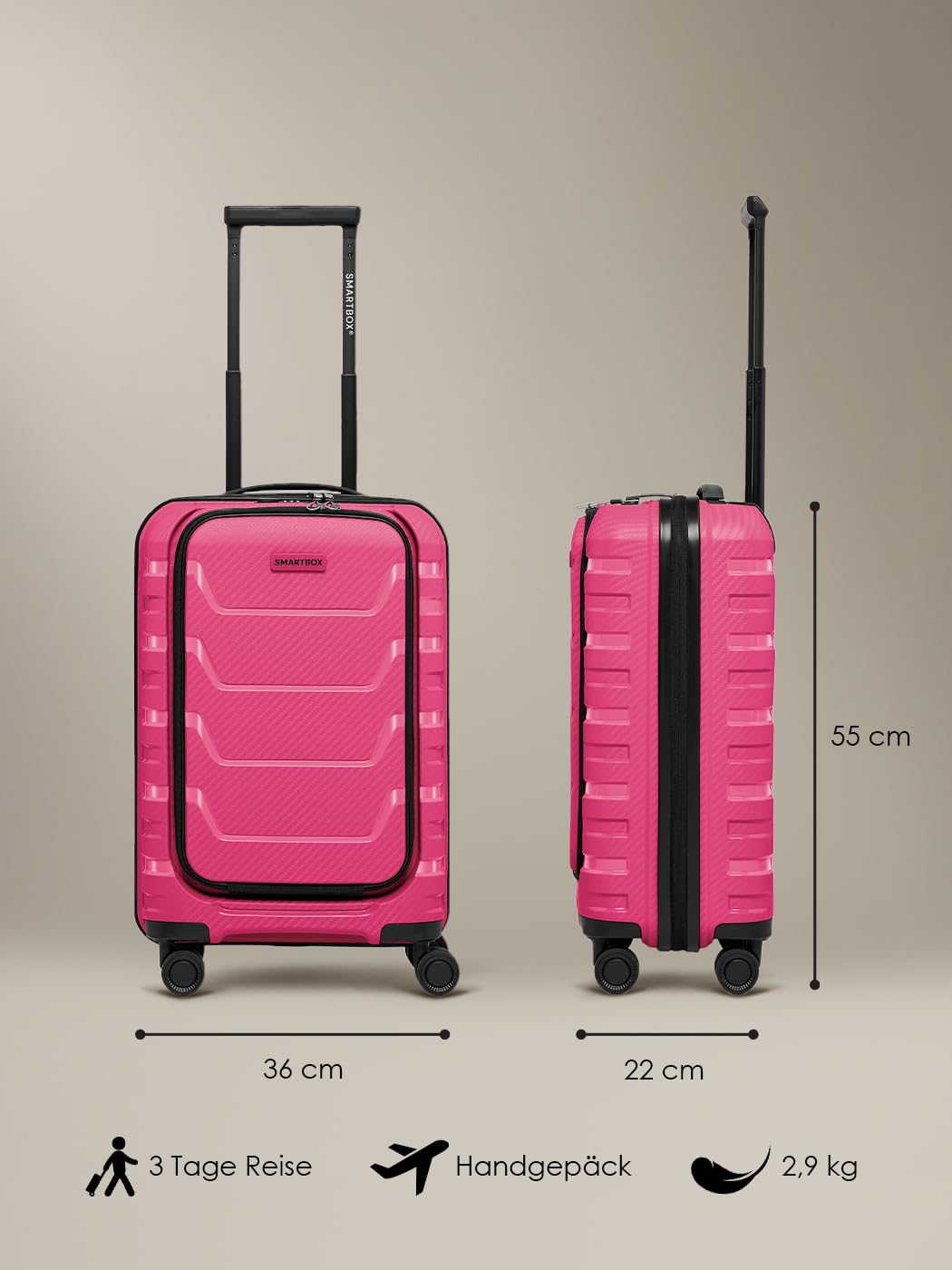 SMARTBOX Bagaż podręczny, walizka, kieszeń na laptopa, otwór z przodu, zamek TSA | 36 x 22 x 55 cm, polipropylen, 4 podwójne kółka, bagaż pokładowy, edycja 01
