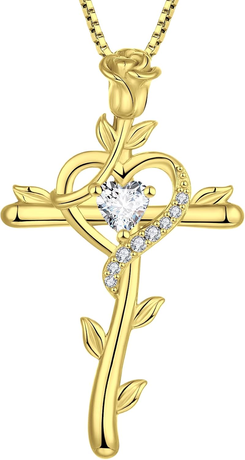 STARCHENIE Rose Cross Necklace 925 Sterling Silver Heart Crucifix Pendant Birthstones Jewelry for Women