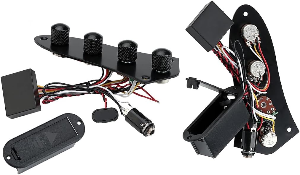 Guitar Prewired Control Plate Loaded Control Board with Wiring Harness Fit for Jazz Bass Guitar Replacement Parts,Come with Metal Knobs,Potentiometers,Crcuit Set for Electric Guitar Preamp Black