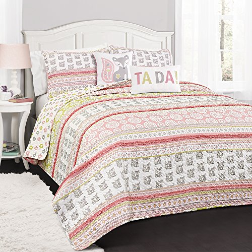 Lush Decor 5 Piece Fox Ruffle Stripe Quilt Set, Full/Queen, Pink/Gray