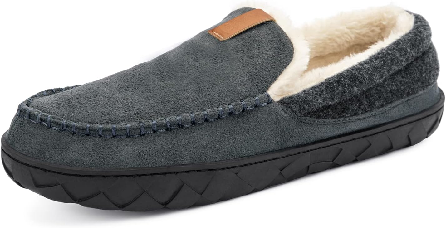 Mens Moccasin Slippers Memory Foam Suede House Slippers for Men with Soft Fleece Lining Anti-Skid Sole Indoor Outdoor House Shoes