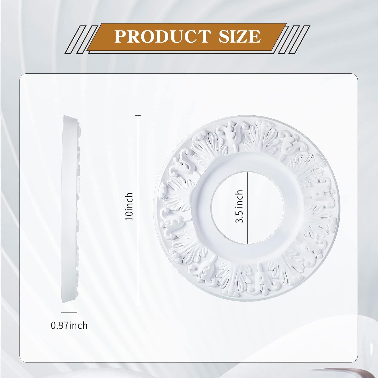 2 Pieces Ceiling Medallion Molded White PU Ceiling Medallions for Light Fixtures Cover Decorative Plate for Replacement Canopies Home Chandelier Fans 10"OD x3.5"ID