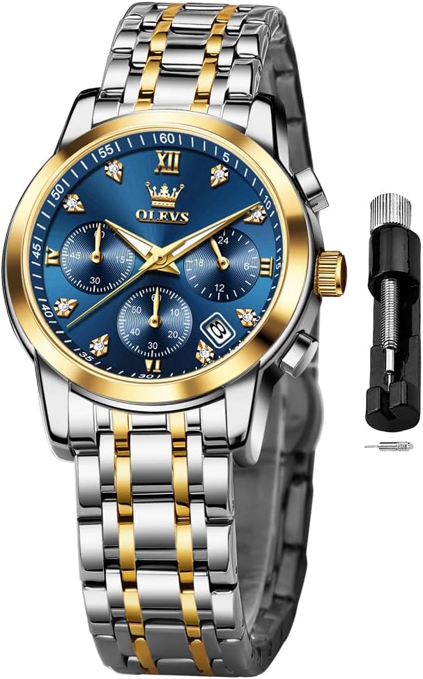 OLEVS Women Watch Multifunctional Two Tone Watch Fashion Business Analog Quartz Ladies Watch Stainless Steel Waterproof Diamond Watch for Women