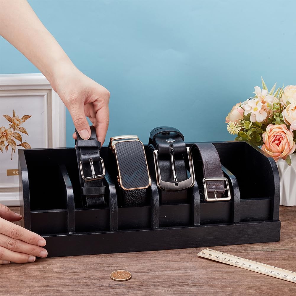 UNICRAFTALE Black Wood Belts Organizer Box 35cm Belt Organizer Tie and Belt Storage Holders for Closet and Drawer Organizer 6-Compartment Belts Organizer and Displayer for Men Women