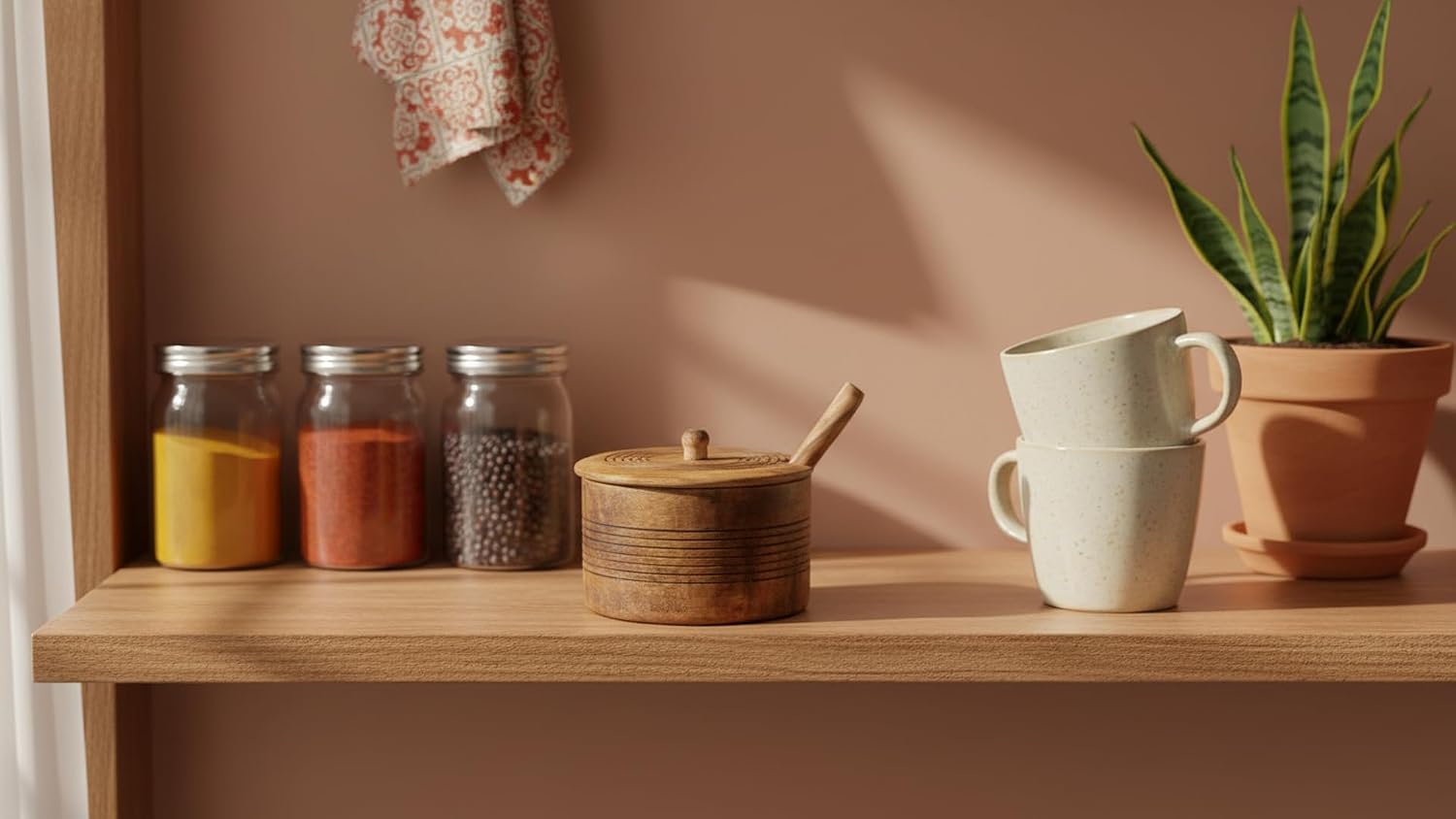 Wooden Sugar Bowl with Lid & Spoon, Spice Jar Tea Storage Condiment Holder