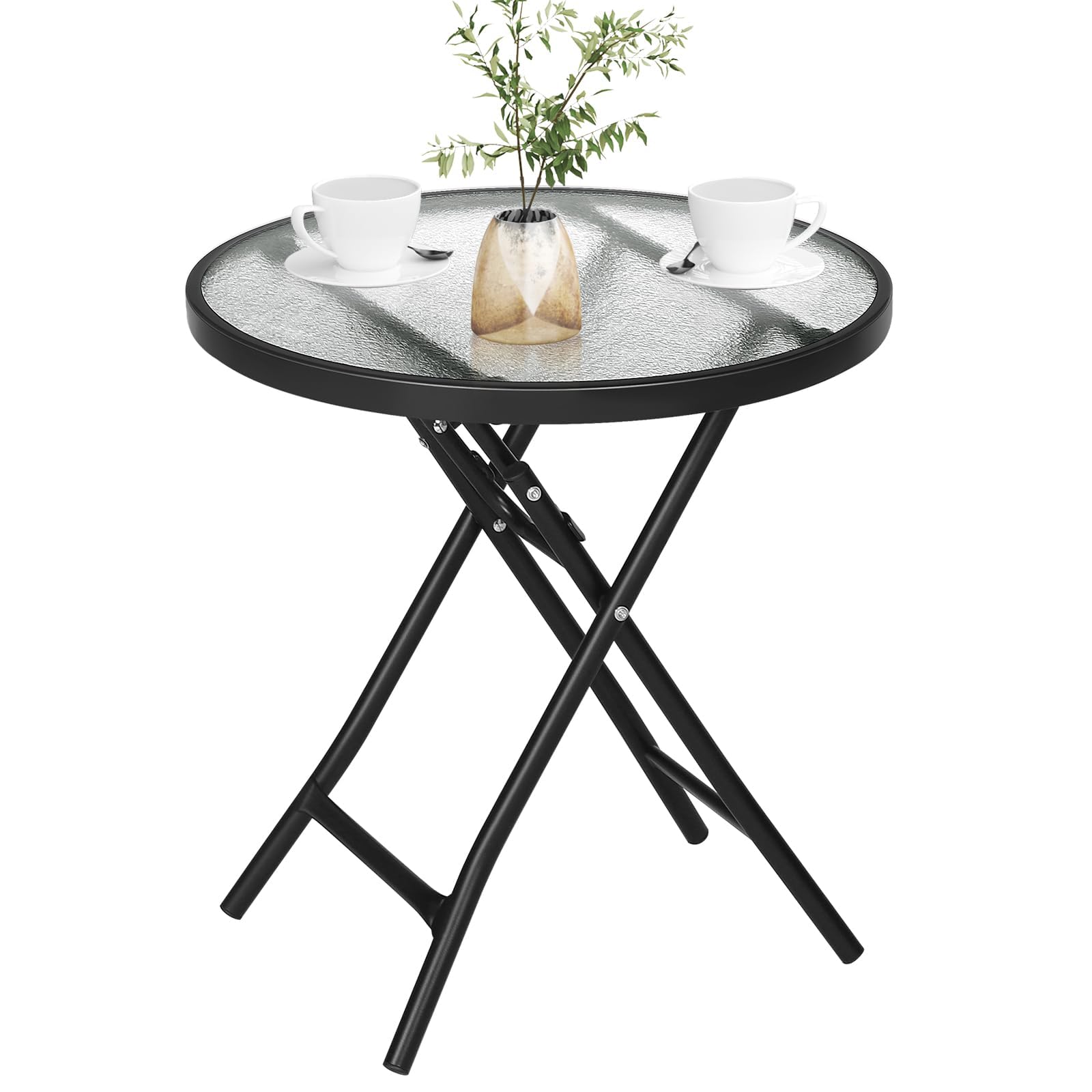 eSituro Side Table, Folding Garden Table with Glass Top, Garden Home Furniture, Black+transparent, Dia. 46x47.5 cm Round