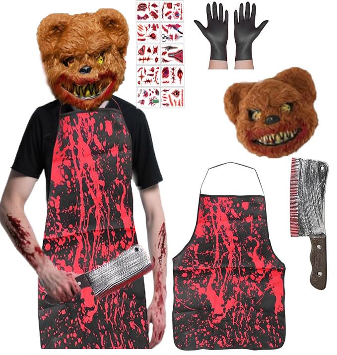 TaiXinYuly Halloween Oso del Terror Disfraces,Máscara de Oso Sangriento,Máscara de Halloween, Delantal Sangriento, Cuchillo Sangriento, Pegatinas Cicatriciales, Guantes, Terror Cosplay Fiesta