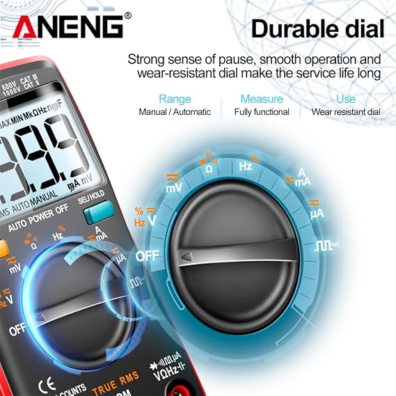 AN8008 True RMS Digital Multimeter - 9999 Counts, Transistor Testing, Auto Electrical Measurements, Voltage Capacitance Power Meter With Box - Red