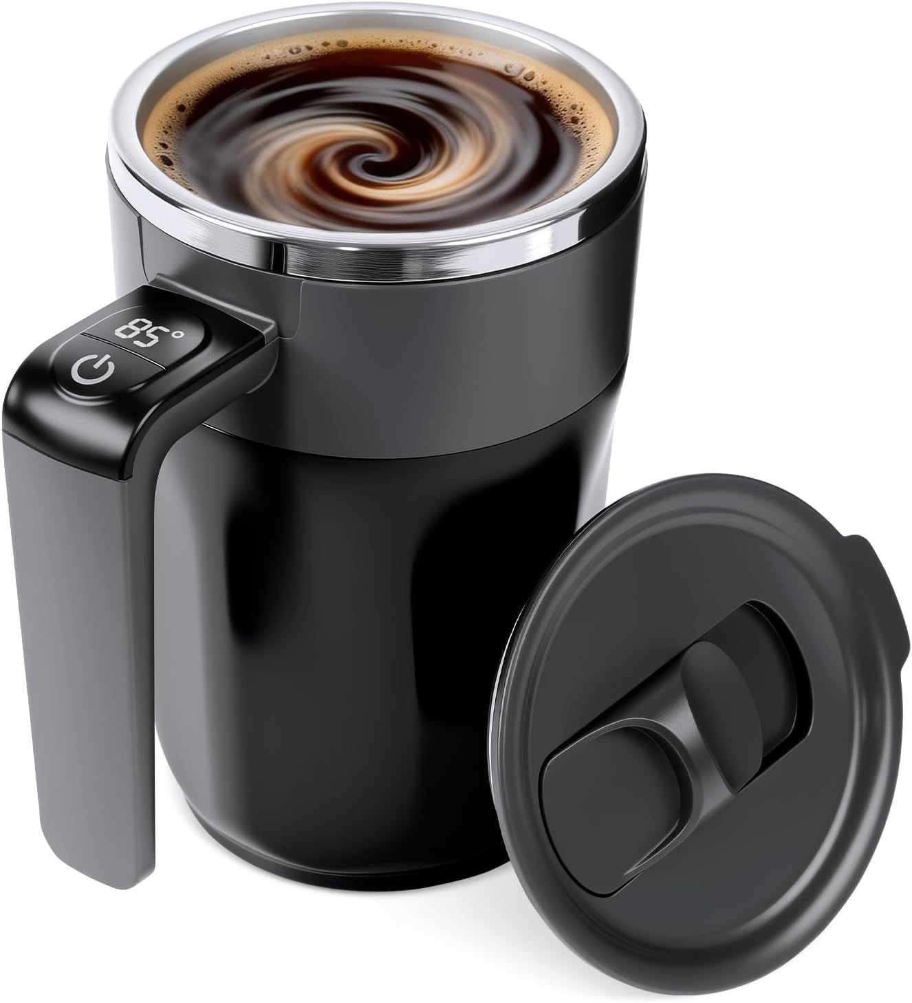 Self Stirring Mug, Stainless Steel Automatic Stirring Coffee Mug with Temperature Display, Rechargeable Travel Coffee Cup with Lid & Handle, for Coffee, Milk, and Other Beverages (13.5 oz)