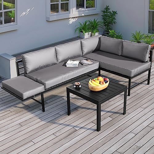 YITAHOME 3-Pieces Patio Furniture Set, Sectional L-Shaped Sofa with Adjustable Armrest & Coffee Table, Metal Conversation Detachable Lounger Set for Patio Backyard Poolside Porch - Grey and Black