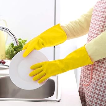 Seebuy Reusable Latex Safety Gloves for Washing Cleaning Kitchen Garden and Sanitation (Color Yellow Size Medium In Pack of 6 Pair Glove)