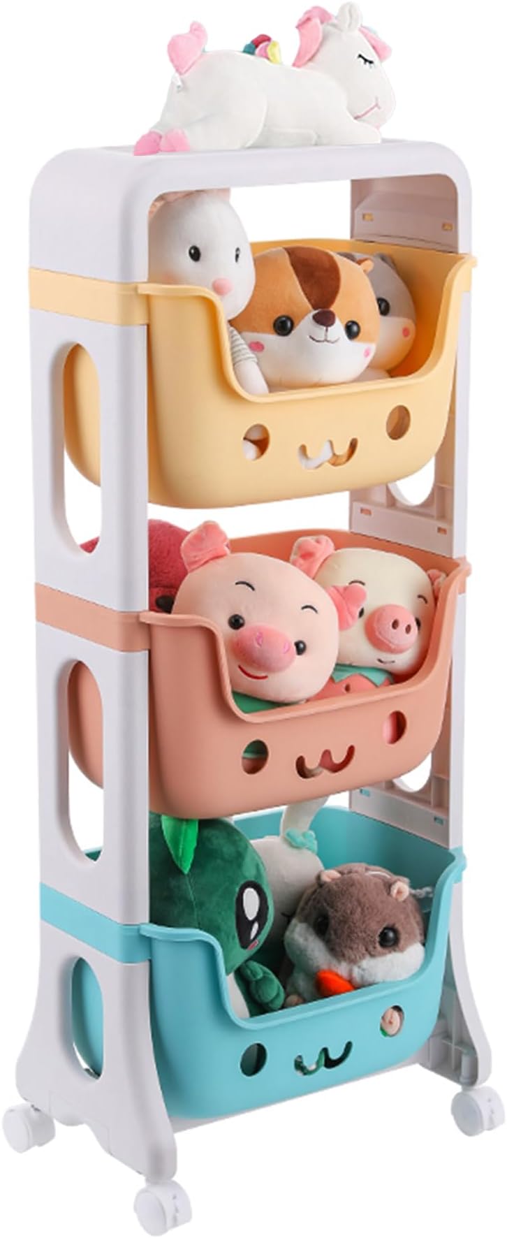 Kids Toy Storage Organizer 3-Tier Stackable Rolling Cart,Playful Colors Smiley Children Playroom Decor Doll Activity Rack Shelf Plastic Bins Box Mobile Move Everywhere with Caster Wheels