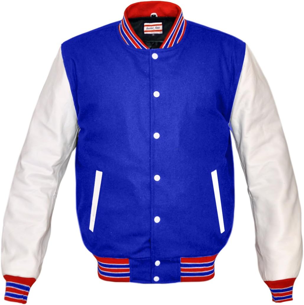Superb Genuine White Leather Sleeve Letterman College Varsity Men Wool Jackets