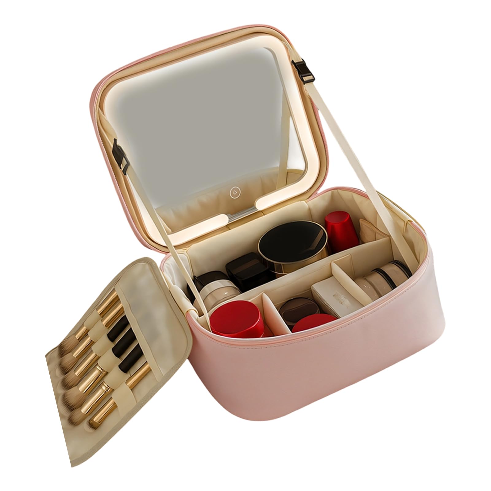 Custodia per cosmetici da viaggio in PU con portaspazzole staccabile e spazio archiviazione a specchio a tutta lunghezza, organizza per la borsa da viaggio per trucco da campeggio in palestra