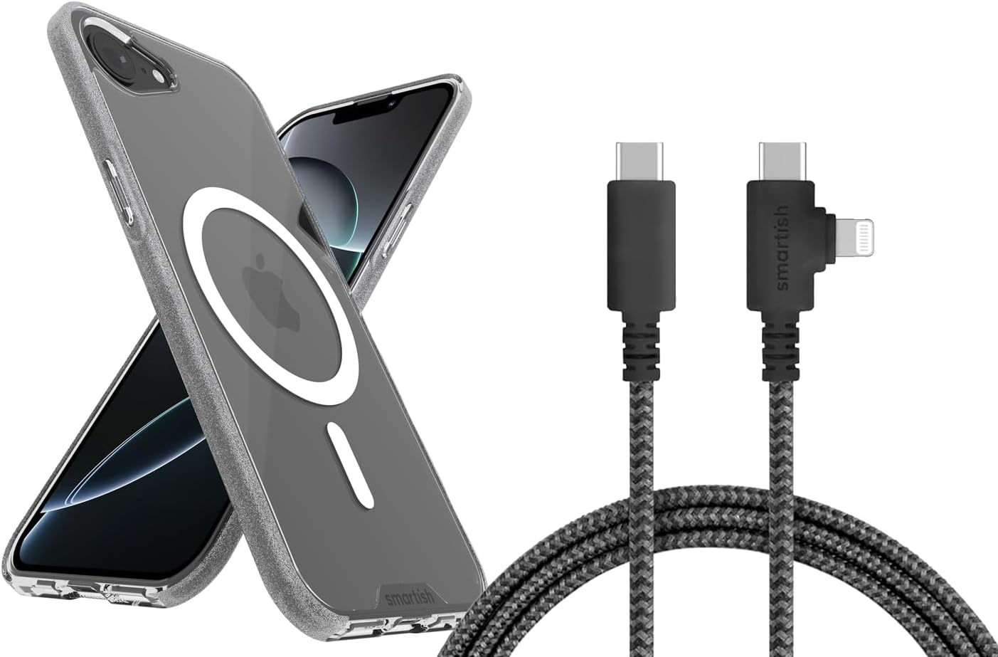 Smartish iPhone 17e/16 MagSafe Case + USB C Lightning Cable Combo - 6 Foot Fabric Wrapped Fast Charging Cable + Magnetic Cover Compatible with Apple iPhone 17e/16 - Clear