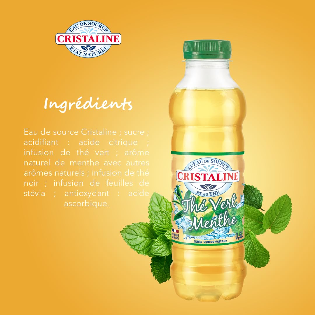 Cristaline Eau de Source Aromatisée Thé Vert Menthe, 50cl, Lot de 24 Bouteilles
