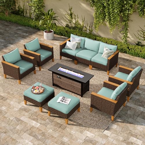 PHI VILLA 9-Seat Outdoor Wicker Furniture Set with 4-inch Thick