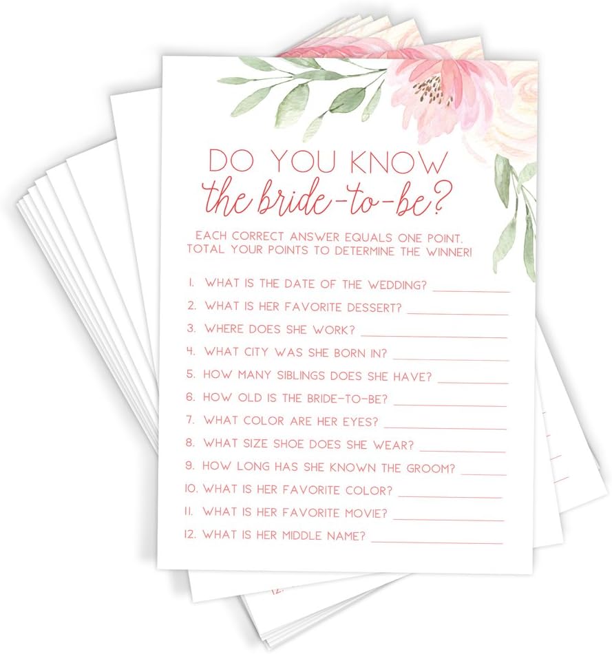 Printed Party Bridal Shower Bingo Game, Floral, 50 Cards : Home & Kitchen
