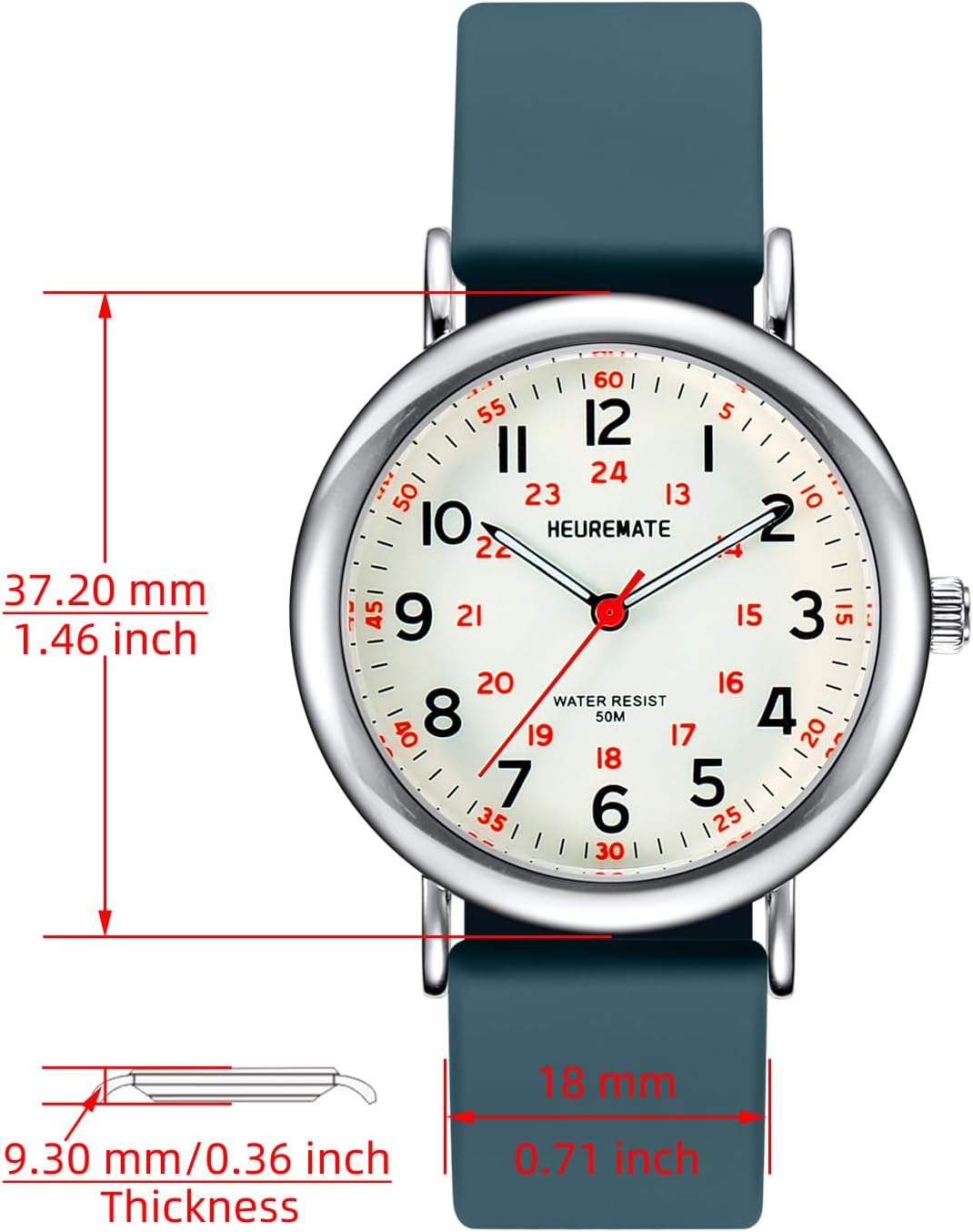 5ATM Waterproof Simple Unisex Analog Watch, Medical Professional Nurse Watch with Luminous Easy-Read Dial, Military Time, 24-Hour Second Hand, Silicone Band for Students, Fashion Women Men