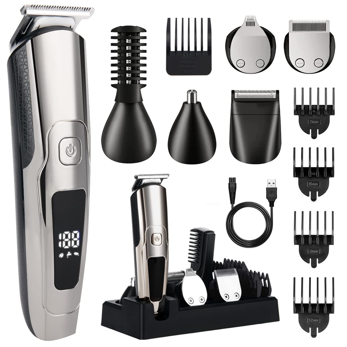 Beard Trimmer for Men Electric Hair Clipper Cordless Mens Grooming 6 in 1 Kit, Hair Trimmer & Mustache Trimmer & Nose Hair Trimmer& Foil Trimmer with Blade Waterproof USB Rechargeable & LED Display