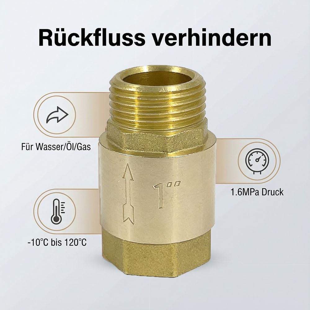 Messing Rückschlagventil 1 Zoll - 1" IG nach 1" AG, DN25 Rückflussverhinderer, Rostfrei Wasserdicht für Wasserleitung, Warmwasserbereiter, Geschirrspüler