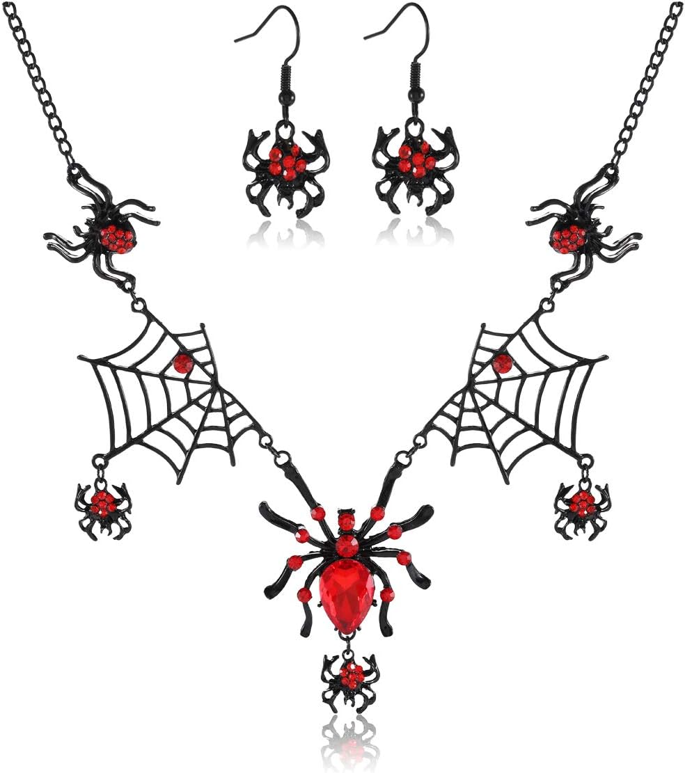 ARATLENCH Halloween Spider Earrings Necklace Gothic Rhinestone Spider Dangle Earrings Black Statement Spider Web Pendant Necklace Jewelry Set Halloween Party Costume for Women