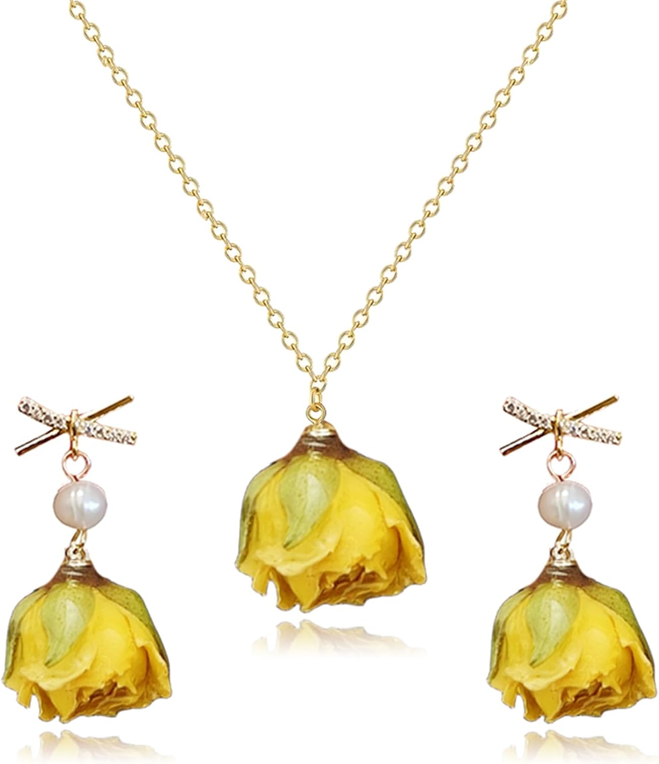 Natural Rose Flower Necklace Earrings Set for Women Handcrafted Resin Casting Red Yellow Flower Necklace Unique Sparkle Rhinestone Bow Pearl Flower Dangle Drop Earrings Valentine's Day Jewelry Gifts