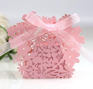 100 Unidades de Cajas de Regalo con Flores Huecas,Cajas de Regalo para Invitados,Cajas Plegables para Bodas,bautizos,cumpleaños,Fiestas,decoración de Mesa de Novios,Paquete de Regalo,Color Rosa