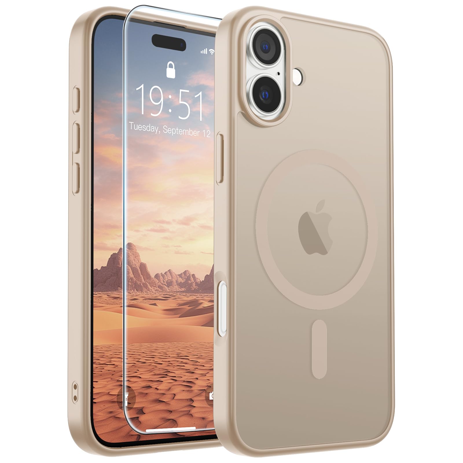 SUPFINE Magnetic for iPhone 16 Case Desert Gold | With Screen Protector, Translucent Matte, Compatible with MagSafe, Military Grade Drop Proof, Rugged Shockproof Protective