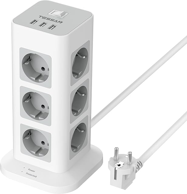 TESSAN 12 Pinowe Gniazdo Rozgałęźne, Listwa Zasilająca z 3 USB, Przedłużacz z Wieloma Wtyczkami 2M, Wieża z Gniazdem USB i Przełącznikiem do Domowego Biura, 3600W