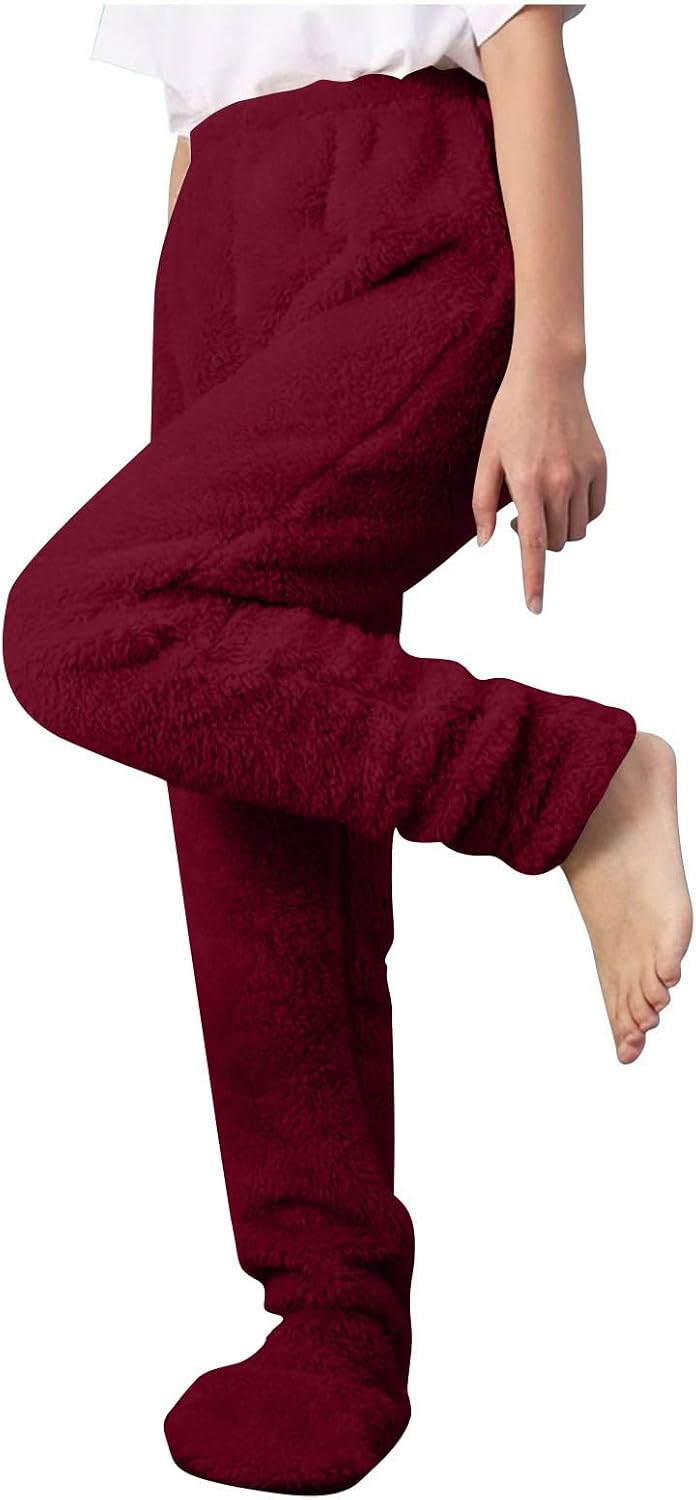 Women's Fleece Pajama Pants Christmas Sherpa Footed Sweatpants Winter Warm Holiday Elastic Waist Footie Lounge Bottom