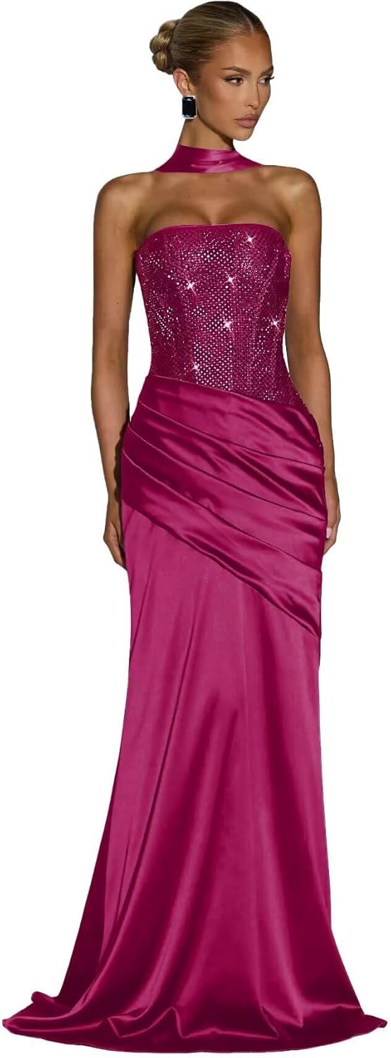 Sparkly Sequin Prom Dress 2026 with Scarf Strapless Mermaid Formal Dresses Ruched Corset Long Evening Party Gowns