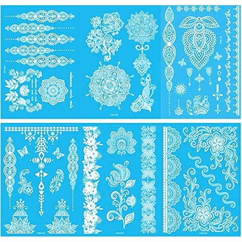 White Henna Temporary Tattoo, Flash Bride Wedding Tattoos White Lace Tattoo Waterproof Body Fake Tattoo Henna Tattoo Stickers for Women Festival Clothing Accessories (6 Sheets) Cover