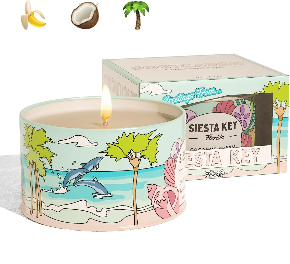 Postcards™ Scented Candle - Siesta Key Florida - Coconut Cream, Sweet Banana, Palm Leaves - 50+ Hour Burn - Gift-Ready Packaging (Siesta Key)