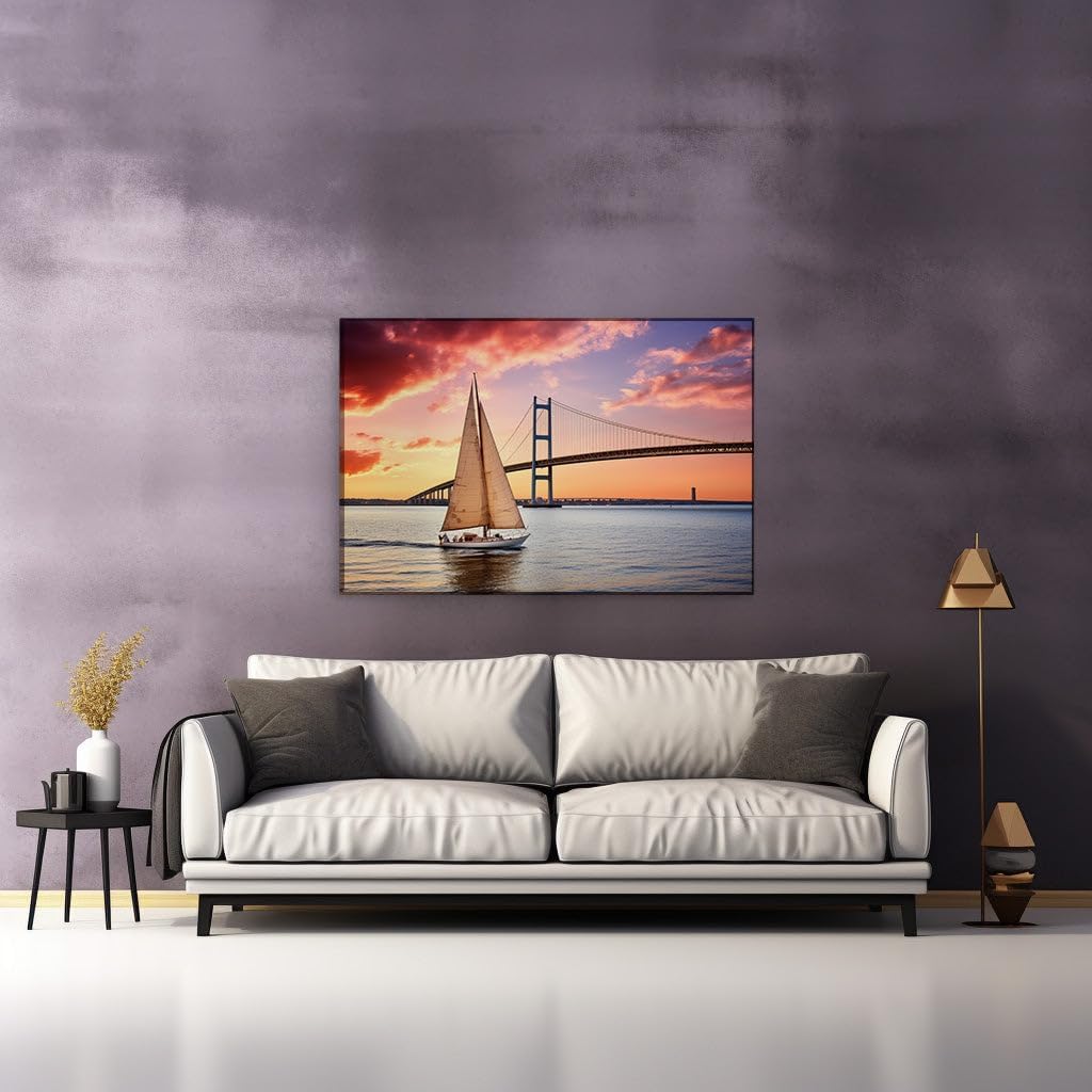 Canvas for Living room. Sailing into the Sunset: A Serene Journey Beneath the Bridge's Span, 27 x 18 inch Canvas Wall Art - Contemporary Masterpieces - Modern Home Decor