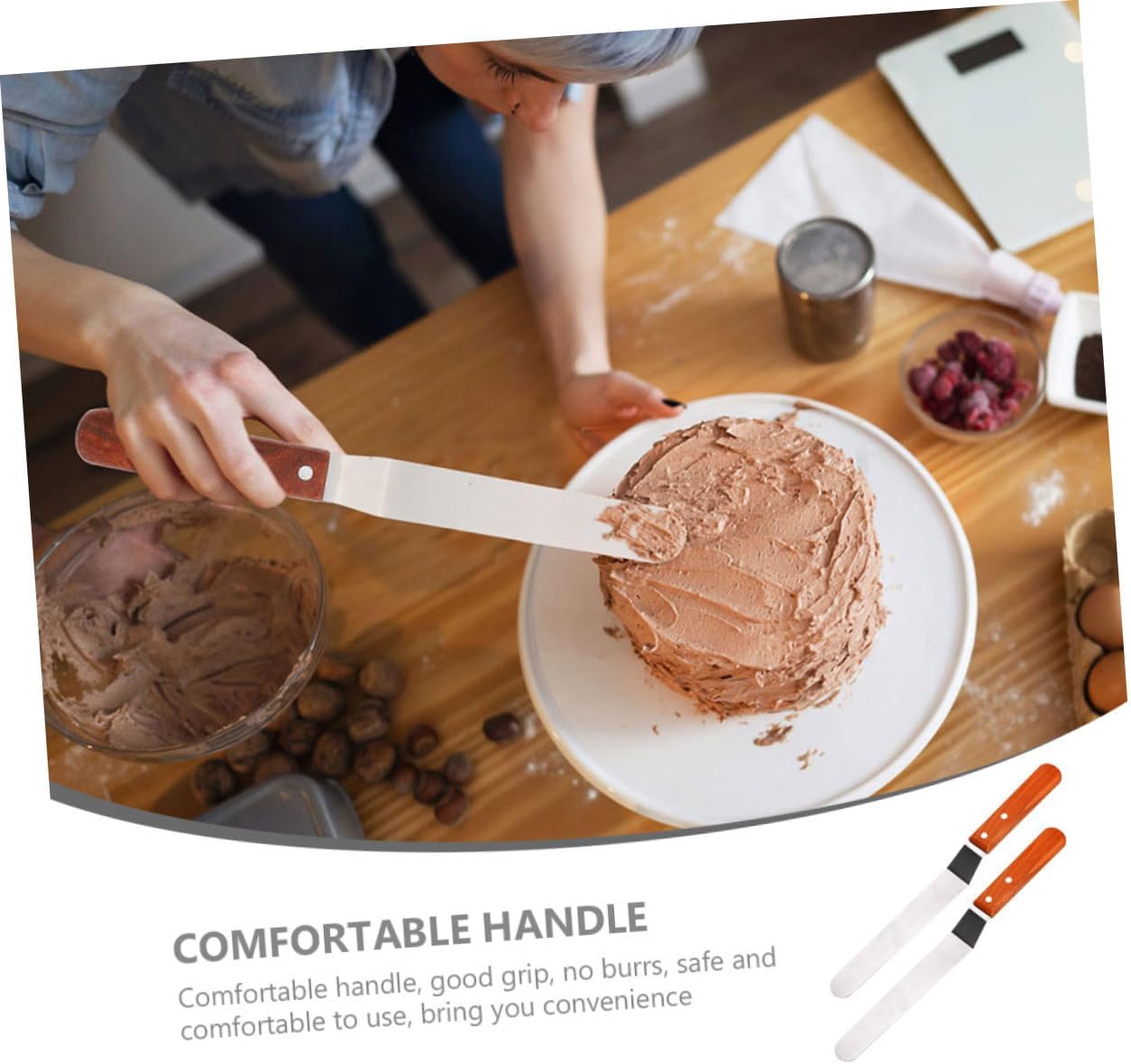 Uonlytech 2Pcs Stainless Steel Cake Cream Spatulas with Wood Handle Multipurpose Butter Scraper and Frosting Spreader Comfortable Grip Baking Tools for Decorating and Smoothing Cakes