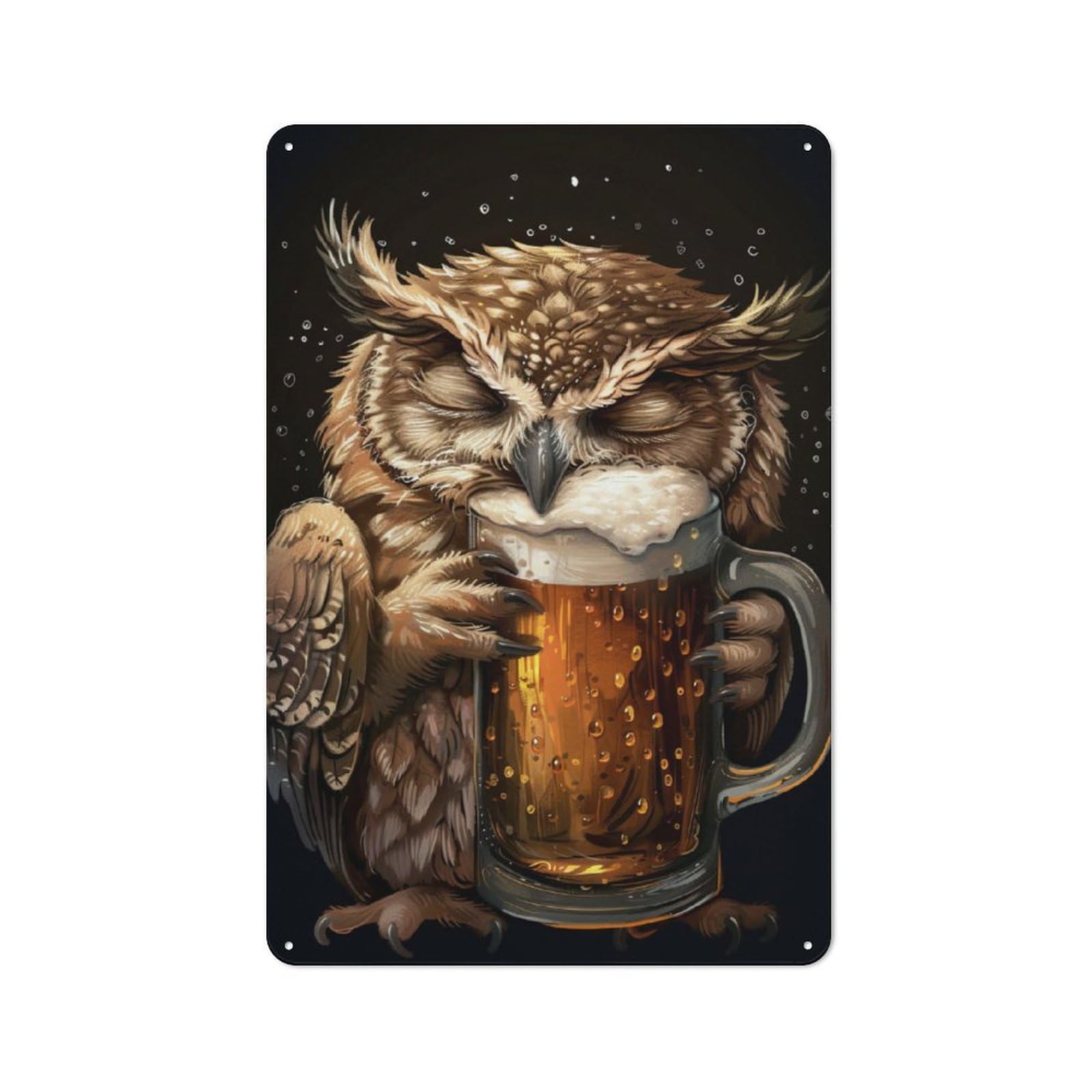 Junmoney Owl Beer Metal Plaque 30X20cm With For Hallway Wall, Retro Decor, For Wall Display Collectors