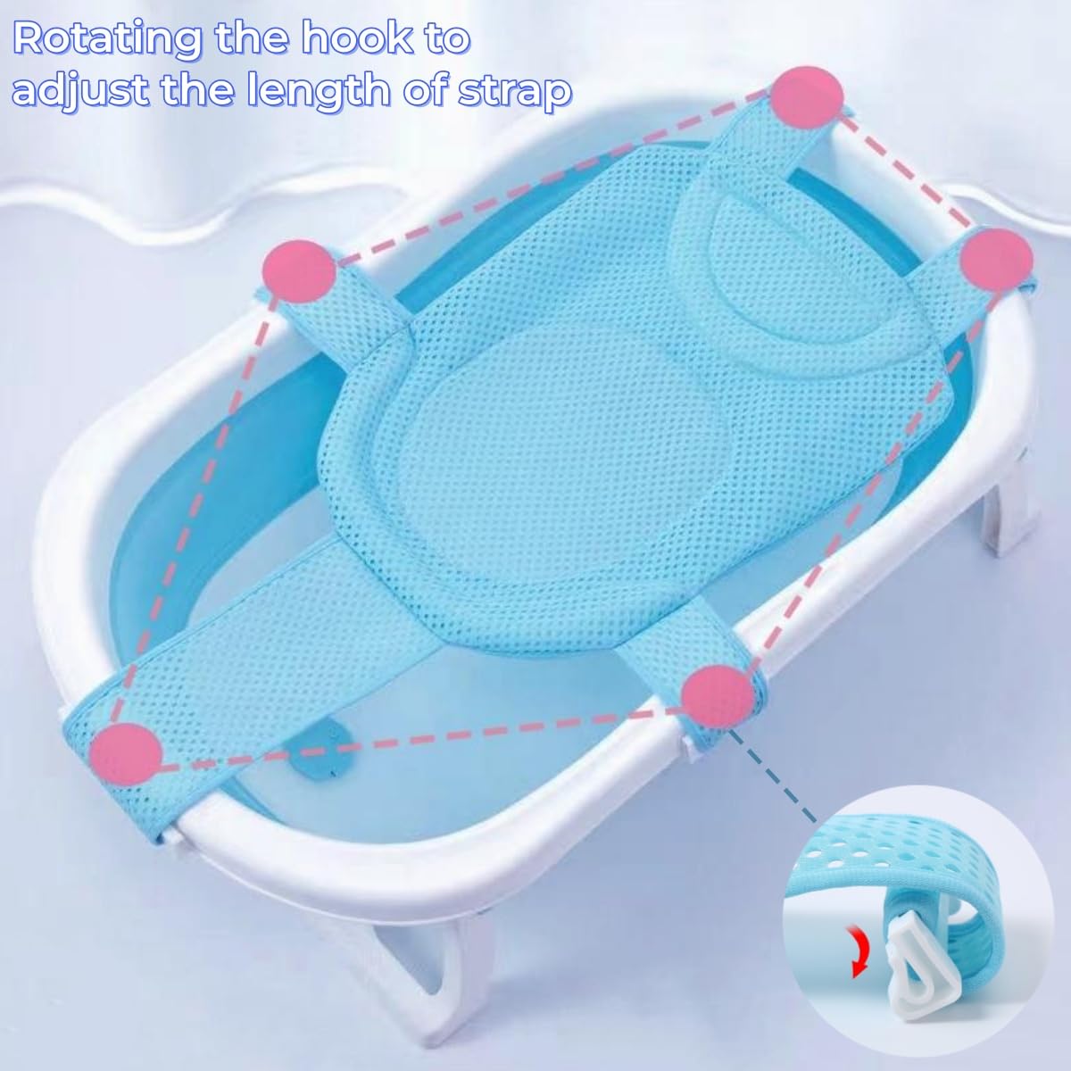 Alfombrilla de asiento de baño para bebé con cinco soportes de seguridad en las esquinas, ajustable, antideslizante, red de baño, almohadilla de red para baby shower, cómoda correa de bañera para bebé
