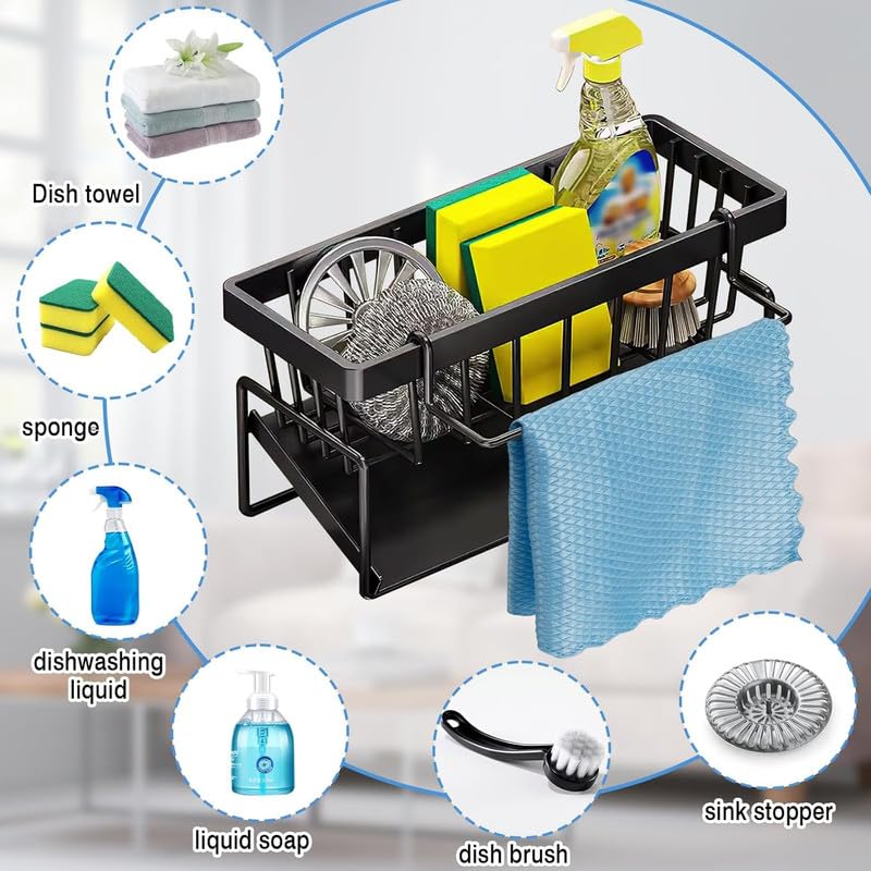 NETXE Kitchen Sink Caddy | Sponge Soap Dispenser & Dish Brush Holder with Removable Drip Tray | SUS304 Stainless Steel Rustproof Sink Organizer for Countertop (Black) 2