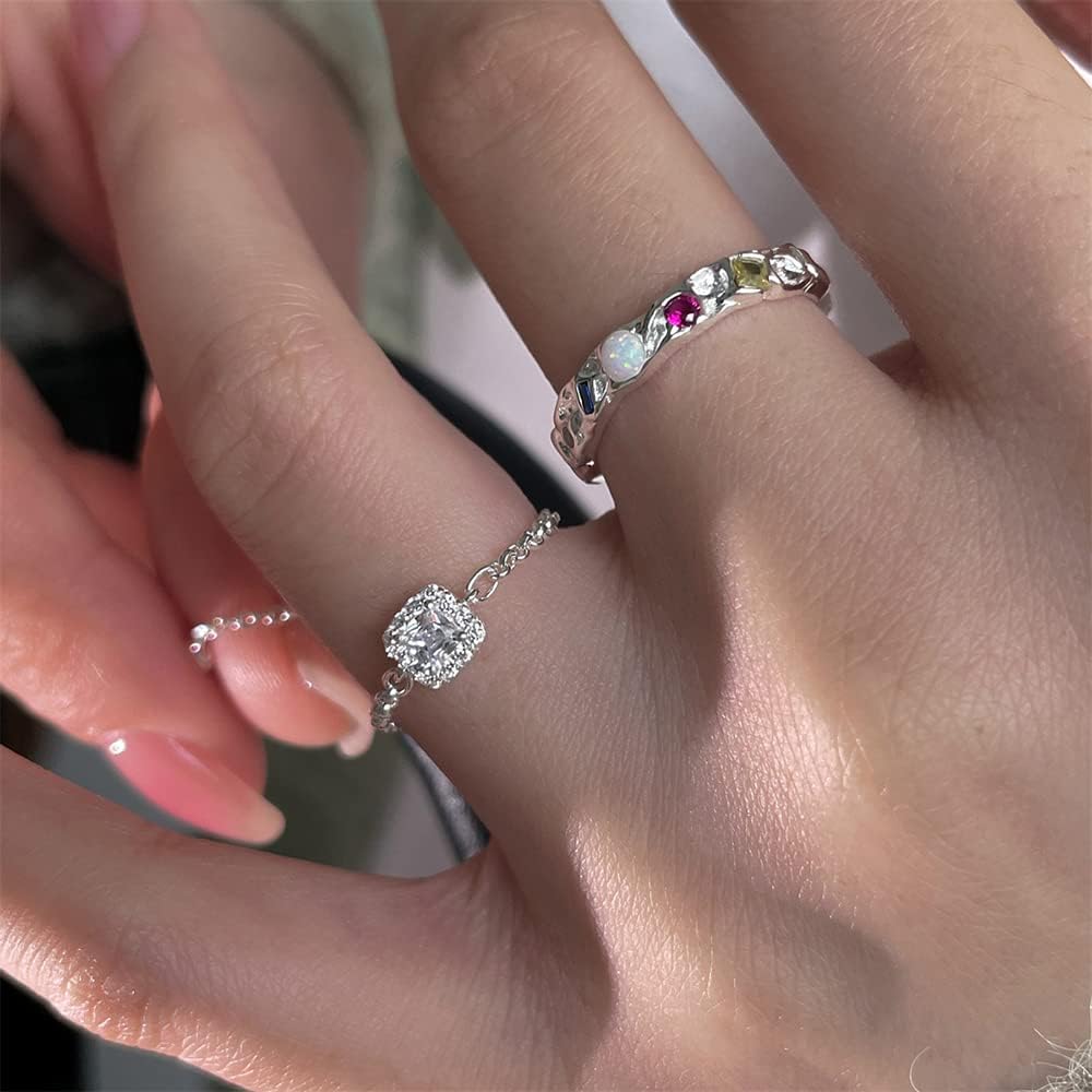 OIDIMS Cubic Zirconia Link Chain Statement Ring with Dangle Beaded Ball S925 Sterling Silver Adjustable Band Birthstone Stacking Promise Rings Tassel Dangling Fashion Jewelry for Women - Image 6