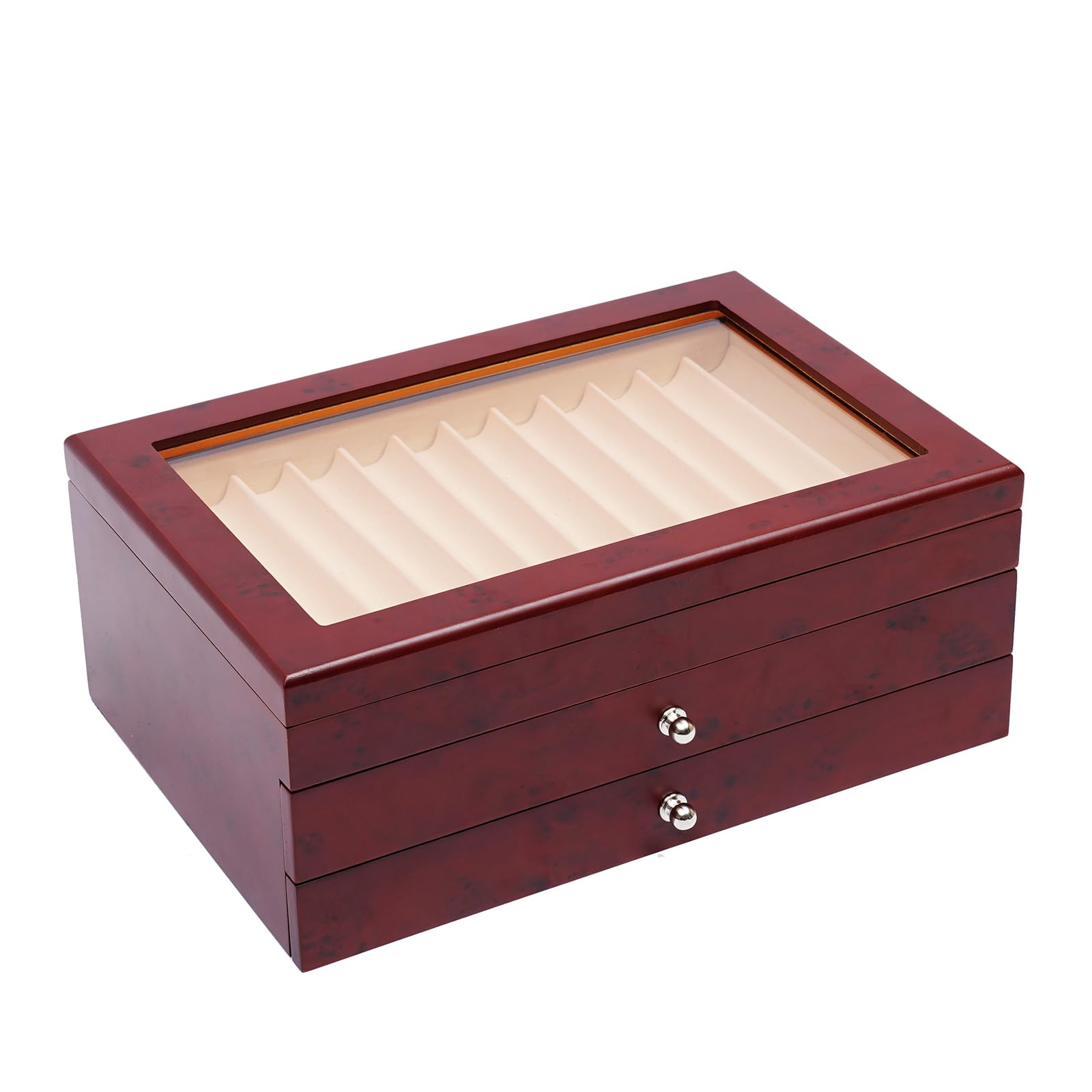 Stiftebox Holz für 34 Füller Stifte Kugelschreiber Federhalter Display Organizer Box mit Glasfenster und 3 Ebene Schubladen Vitrine 31 * 21 * 12,5cm