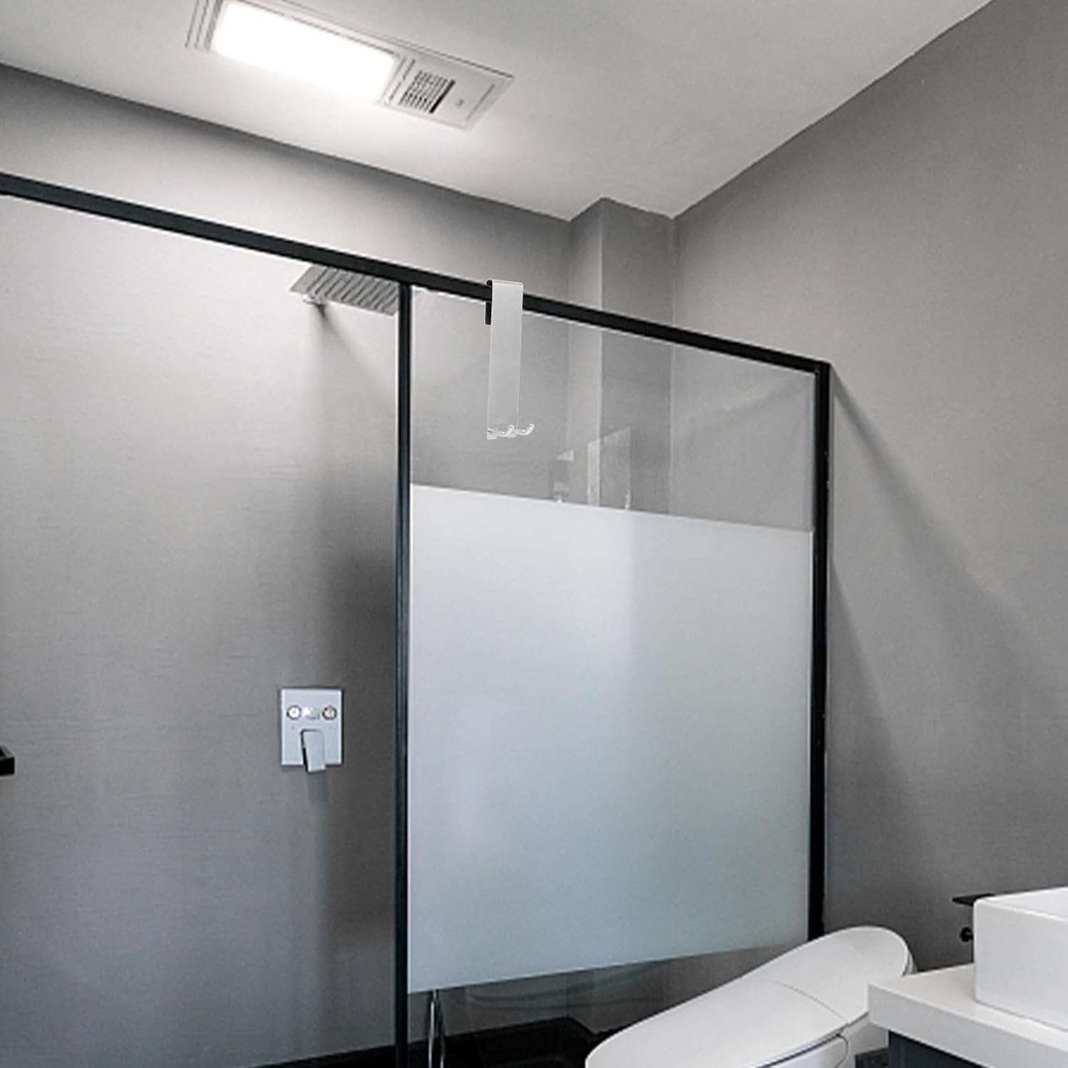 304 Stainless Steel Bathroom Storage Hook for Glass Shower Door, Punch-Free Adhesive Robe and Towel Hanger, Silver Non-Perforation Hook for Home Bathroom Organization