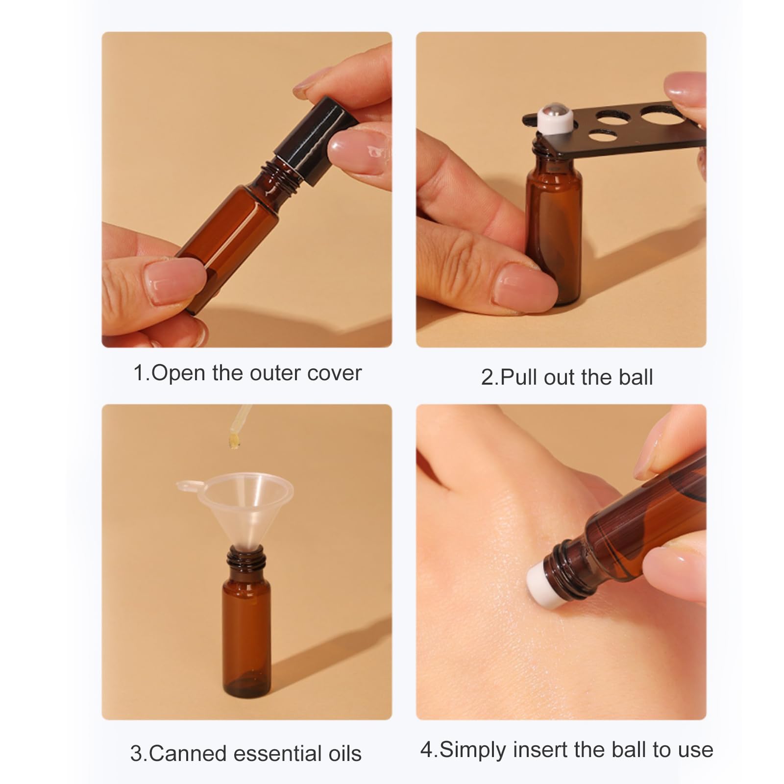 4 sztuki pustych butelek na olejki eteryczne, 5 ml, puste szklane butelki z rolką ze stali nierdzewnej, zwijane butelki szklane na olejki eteryczne, butelki na olejki, perfumy, kosmetyki